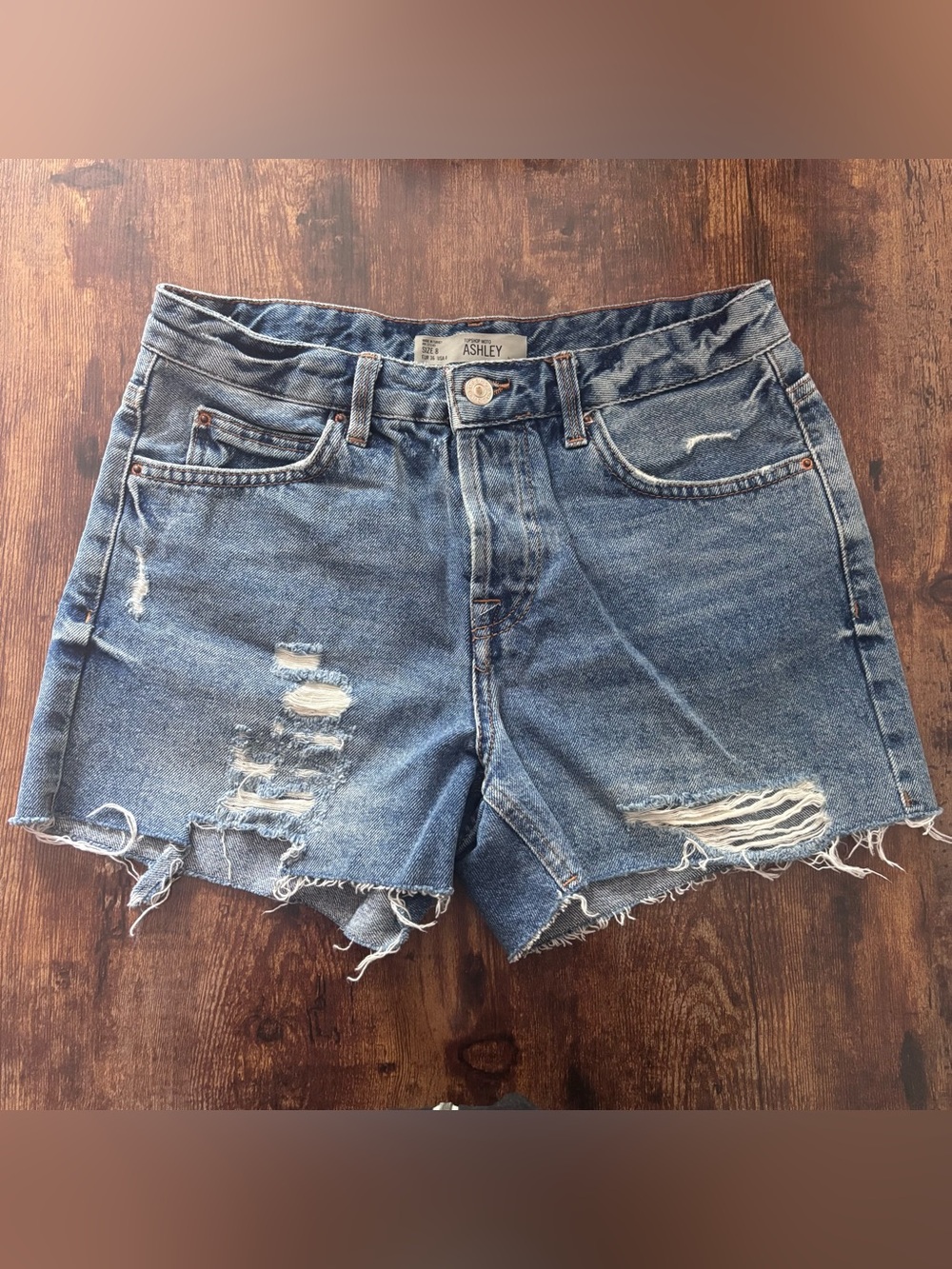 Topshop Moto Ashley Distressed Blue Denim Shorts (Size 8)